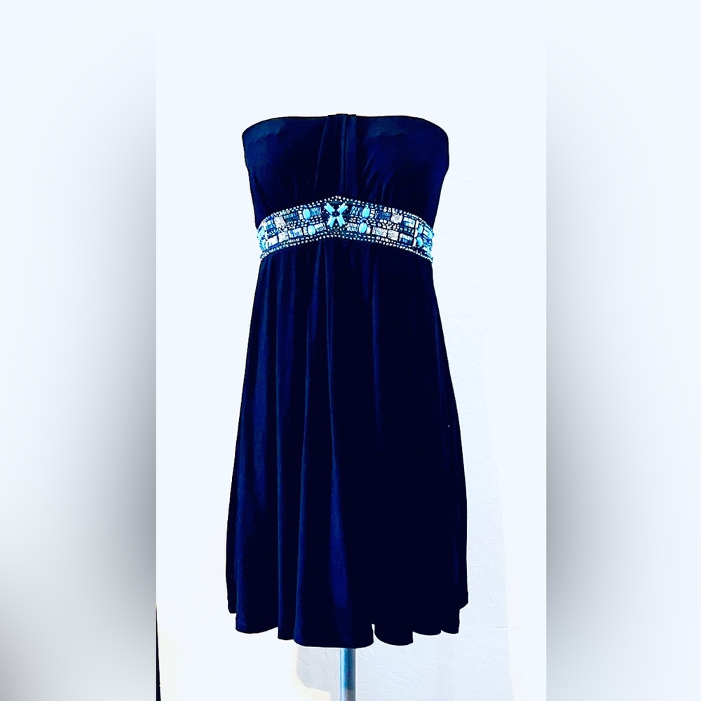 White House | Black Market babydoll strapless dress with blue gemstone details